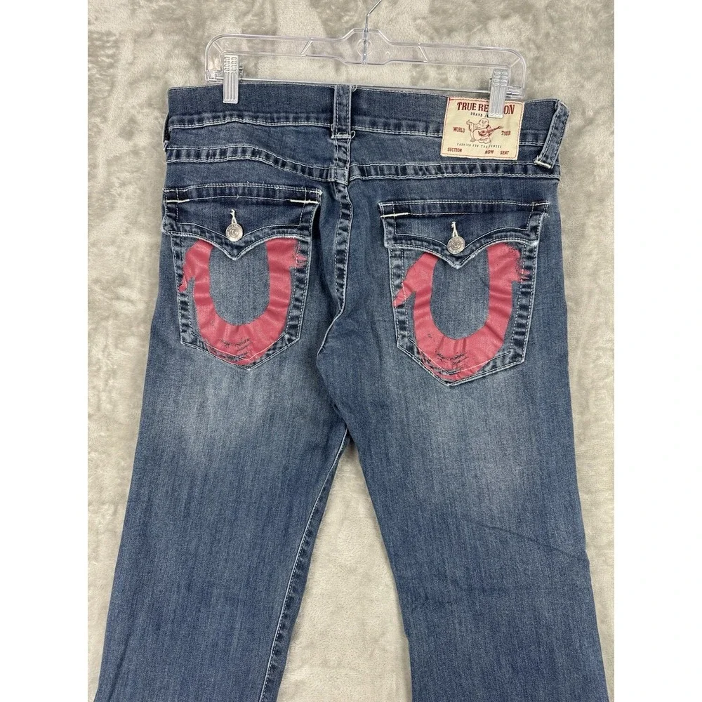 True Religion Ricky Relaxed Straight Blue Denim Jeans Mens 33 (fits 34x32)